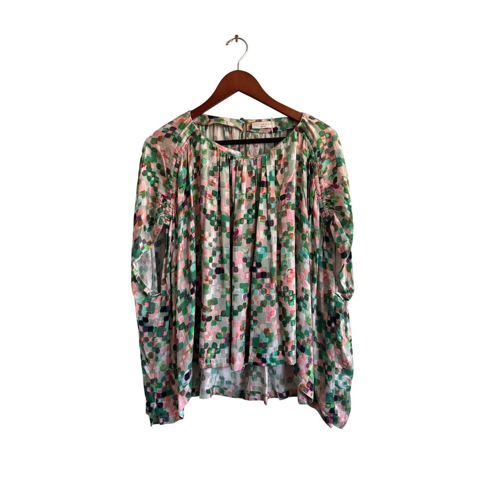 Neu Nomads New York Green Pink Mosaic Print Ruched Shoulder‎ High-Low Top OS
